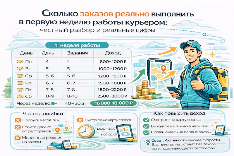 Сколько заказов реально выполнить в первую неделю работы курьером: честный разбор и реальные цифры