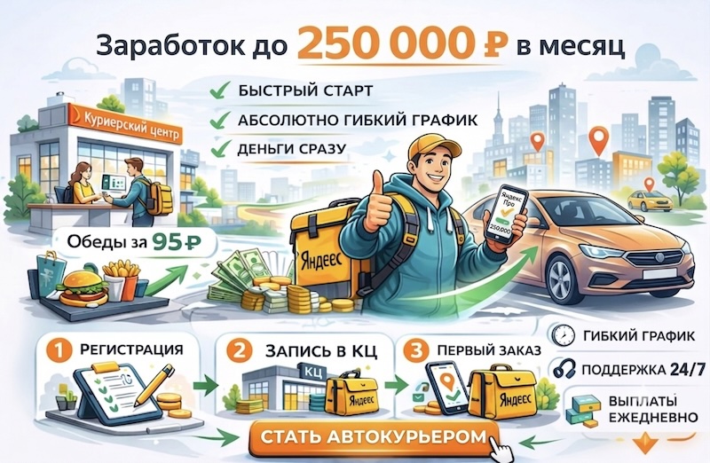 Как стать автокурьером в Яндекс Еде в Москве и зарабатывать до 250 000 ₽ в месяц на своем авто